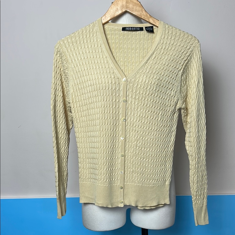 Vintage Silk Evelyn & Arthur Cream Cable Cardigan Sweater V-Neck Textured Knit